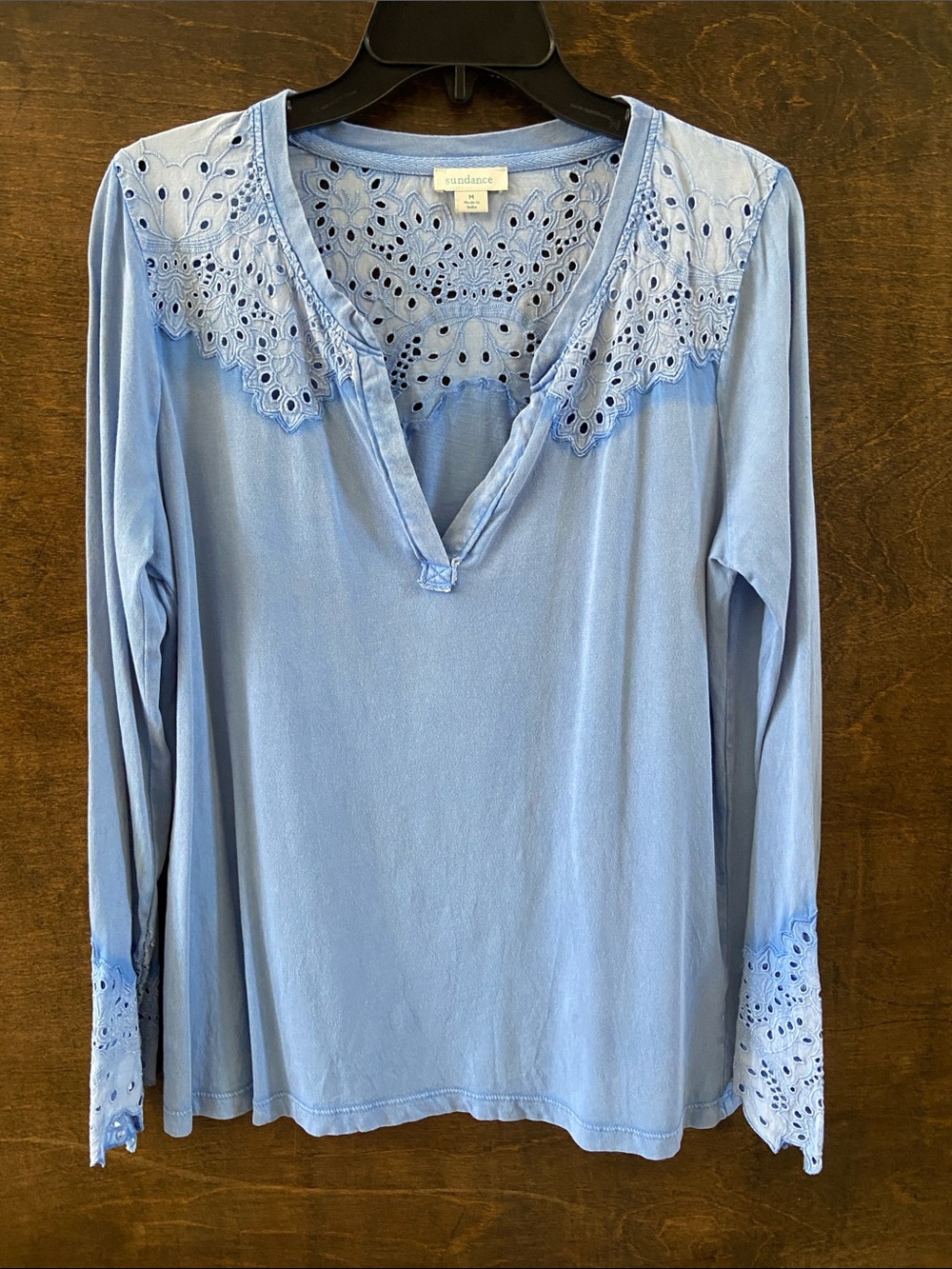 Sundance Light Blue Scalloped Floral Eyelet V-Neck Long Sleeve Top. Size M